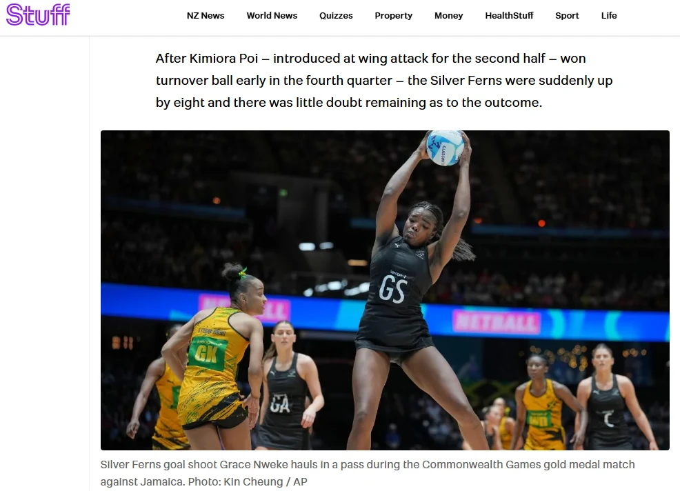 Stuff news screenshot showing Silver Ferns netball coverage